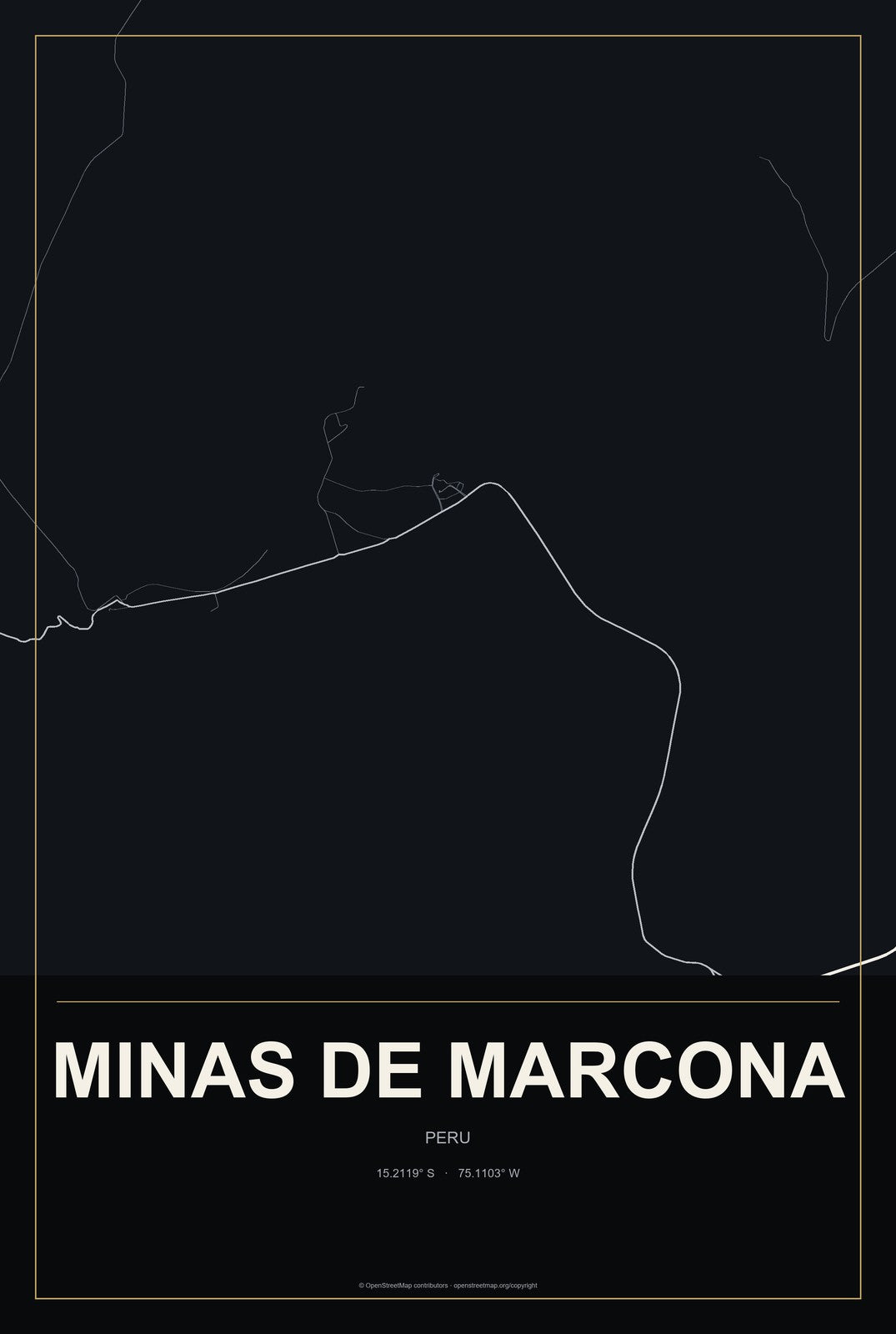 Minas de Marcona, Peru City Map Aluminum Sign in Metropolitan Noir style