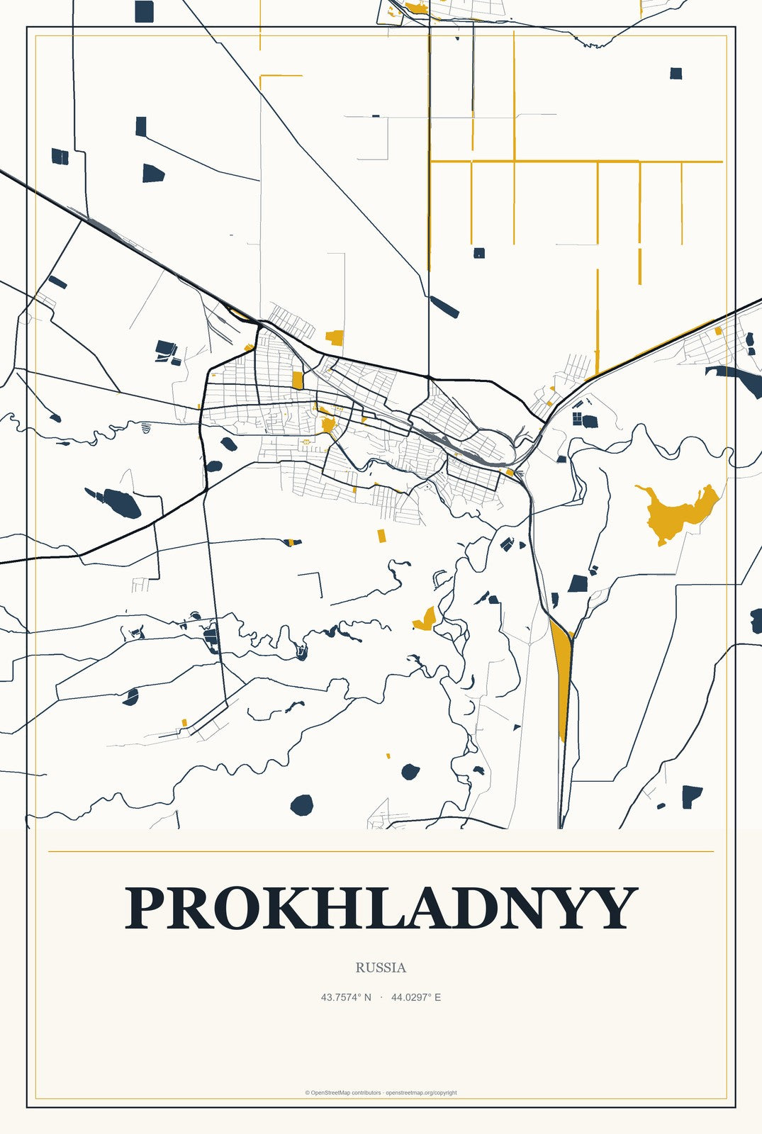Prokhladnyy, Russia City Map Aluminum Sign in Citrine Modern style