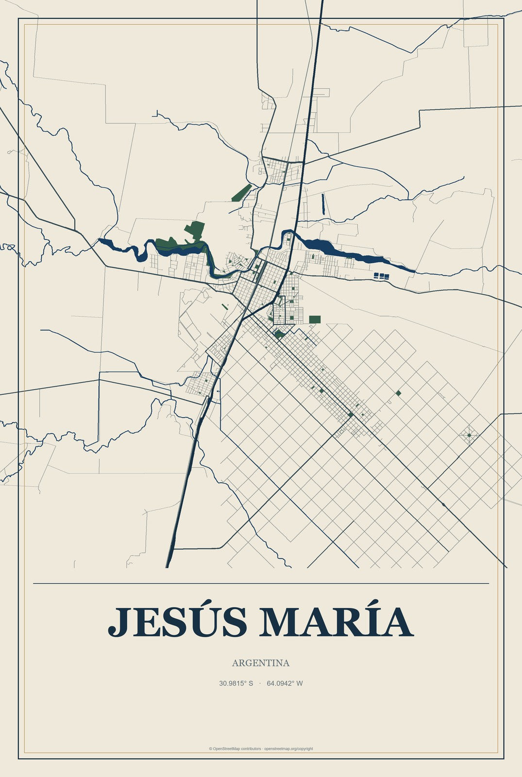 Jesús María, Argentina City Map Aluminum Sign in Coastal Cutout style