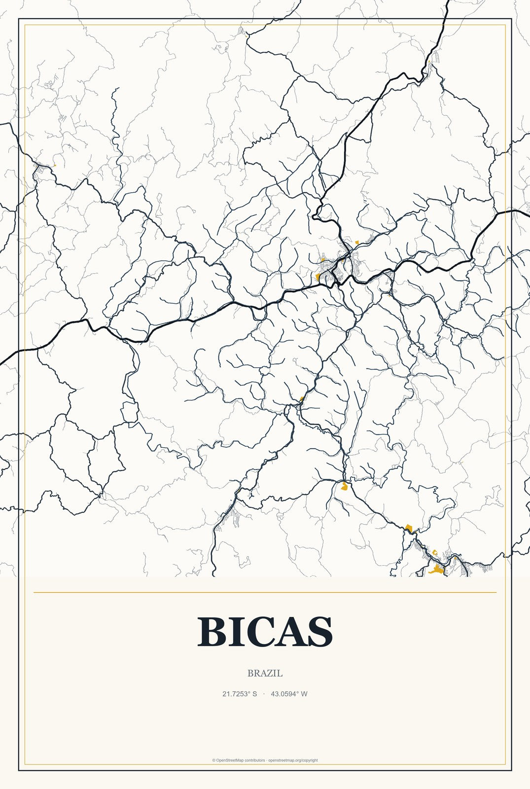 Bicas, Brazil City Map Aluminum Sign in Citrine Modern style