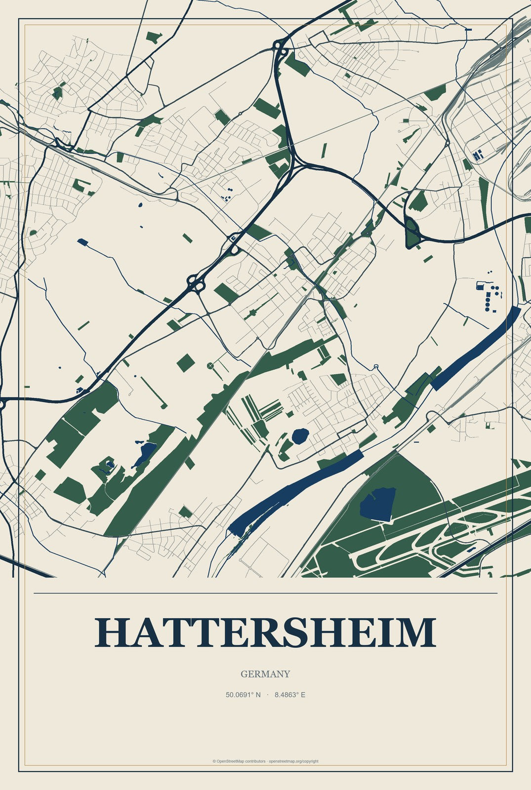 Hattersheim, Germany City Map Aluminum Sign in Coastal Cutout style