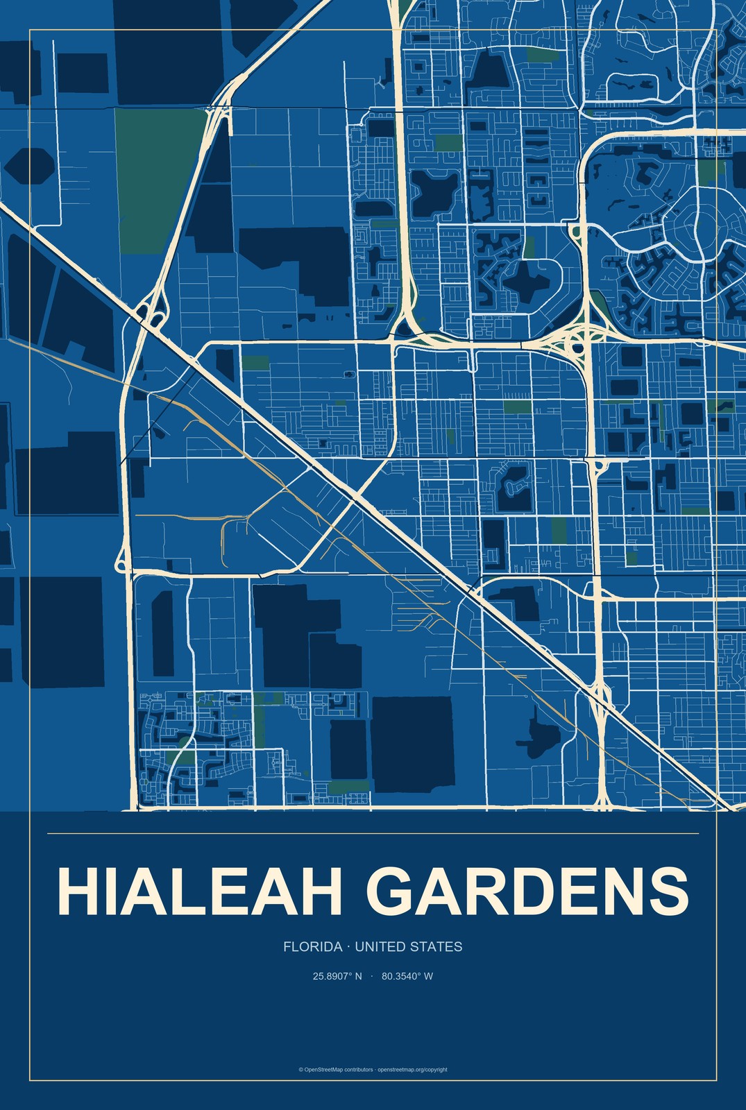 Hialeah Gardens, Florida City Map Aluminum Sign in Harbor Cobalt style