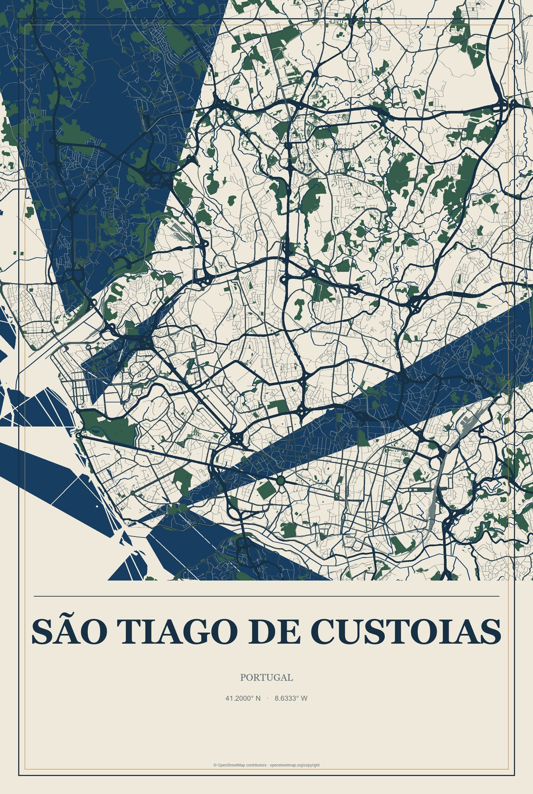 São Tiago de Custoias, Portugal City Map Aluminum Sign in Coastal Cutout style