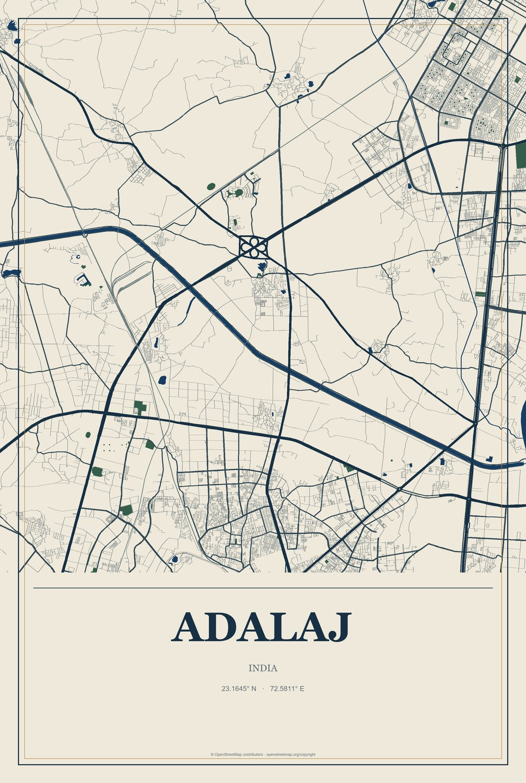 Adalaj, India City Map Aluminum Sign in Coastal Cutout style