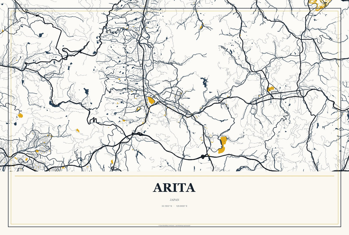 Arita, Japan City Map Aluminum Sign in Citrine Modern style