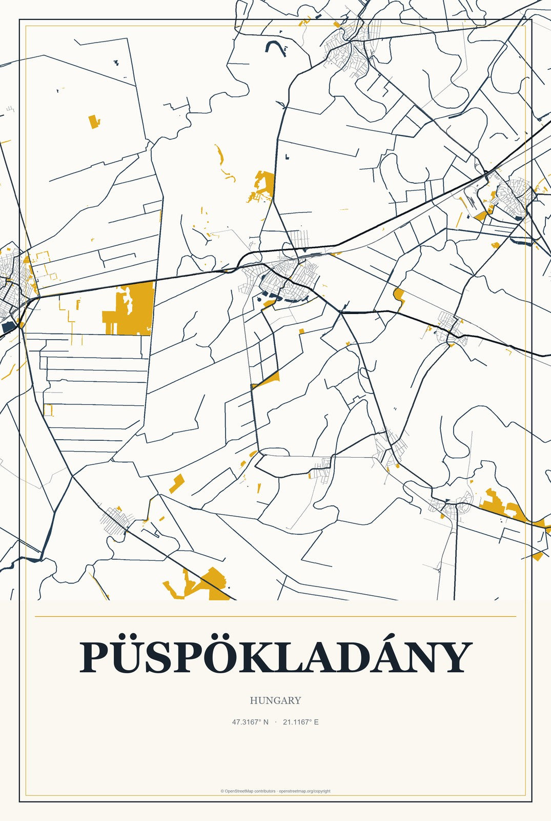 Püspökladány, Hungary City Map Aluminum Sign in Citrine Modern style