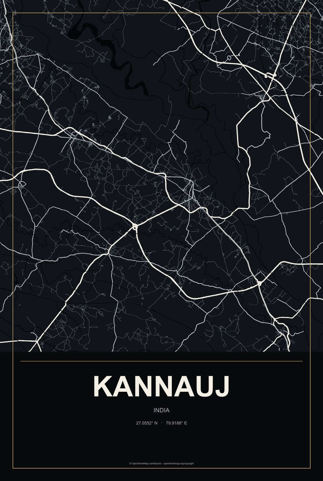 Kannauj, India City Map Aluminum Sign in Metropolitan Noir style