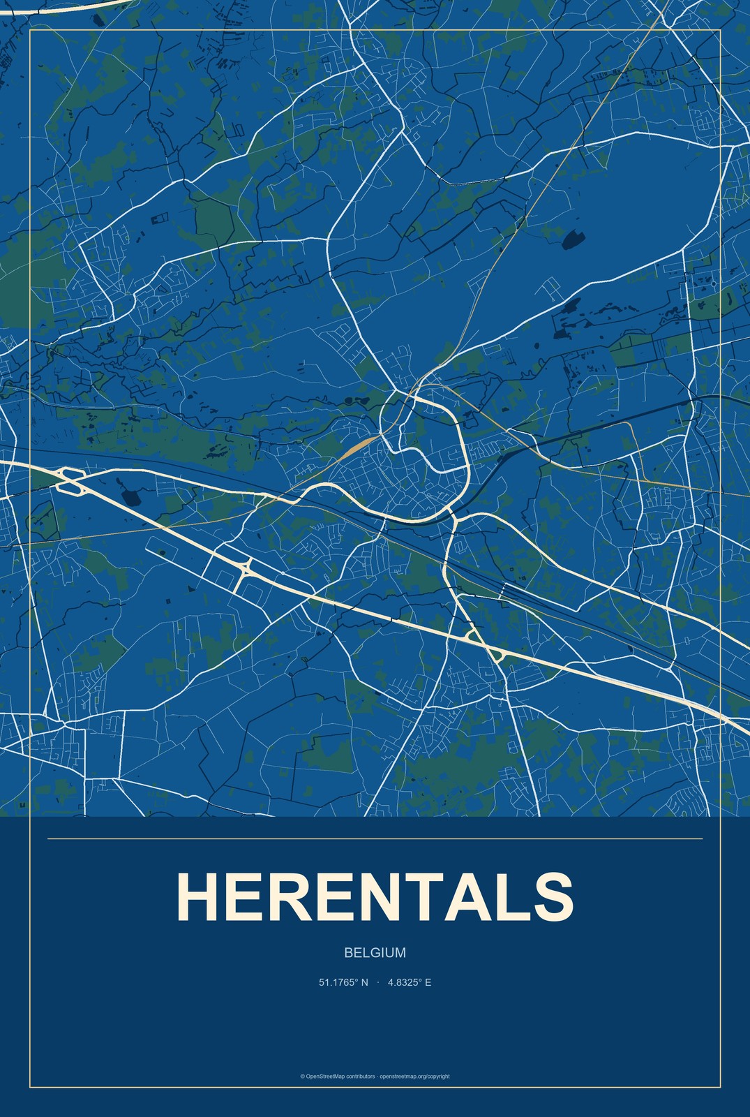 Herentals, Belgium City Map Aluminum Sign in Harbor Cobalt style