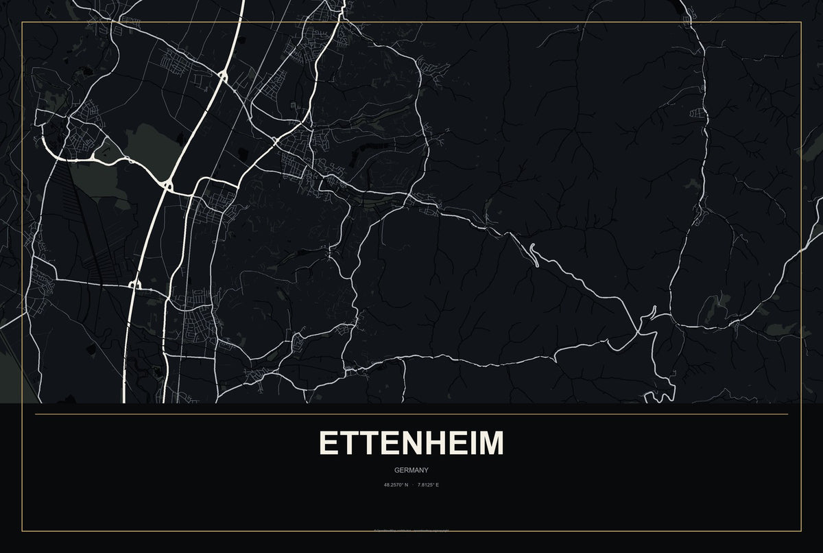 Ettenheim, Germany City Map Aluminum Sign in Metropolitan Noir style