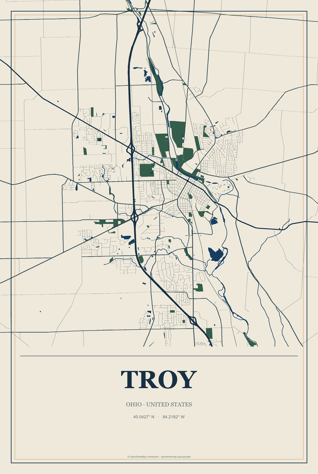 Troy, Ohio City Map Aluminum Sign in Coastal Cutout style