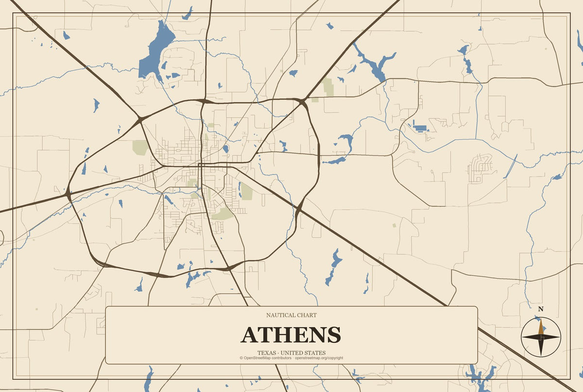 Athens, Texas City Map Aluminum Sign in Heritage Nautical style