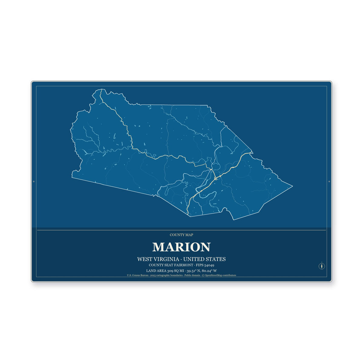 Marion County, West Virginia Map Aluminum Sign in Harbor Cobalt style