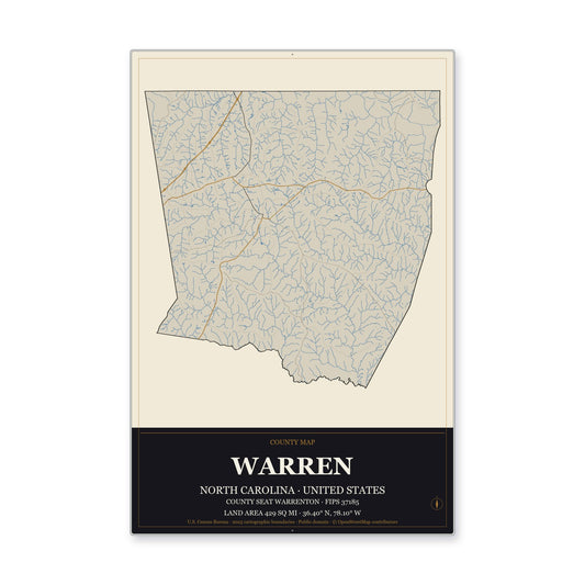 Warren County, North Carolina Map Aluminum Sign in Museum Plaque style