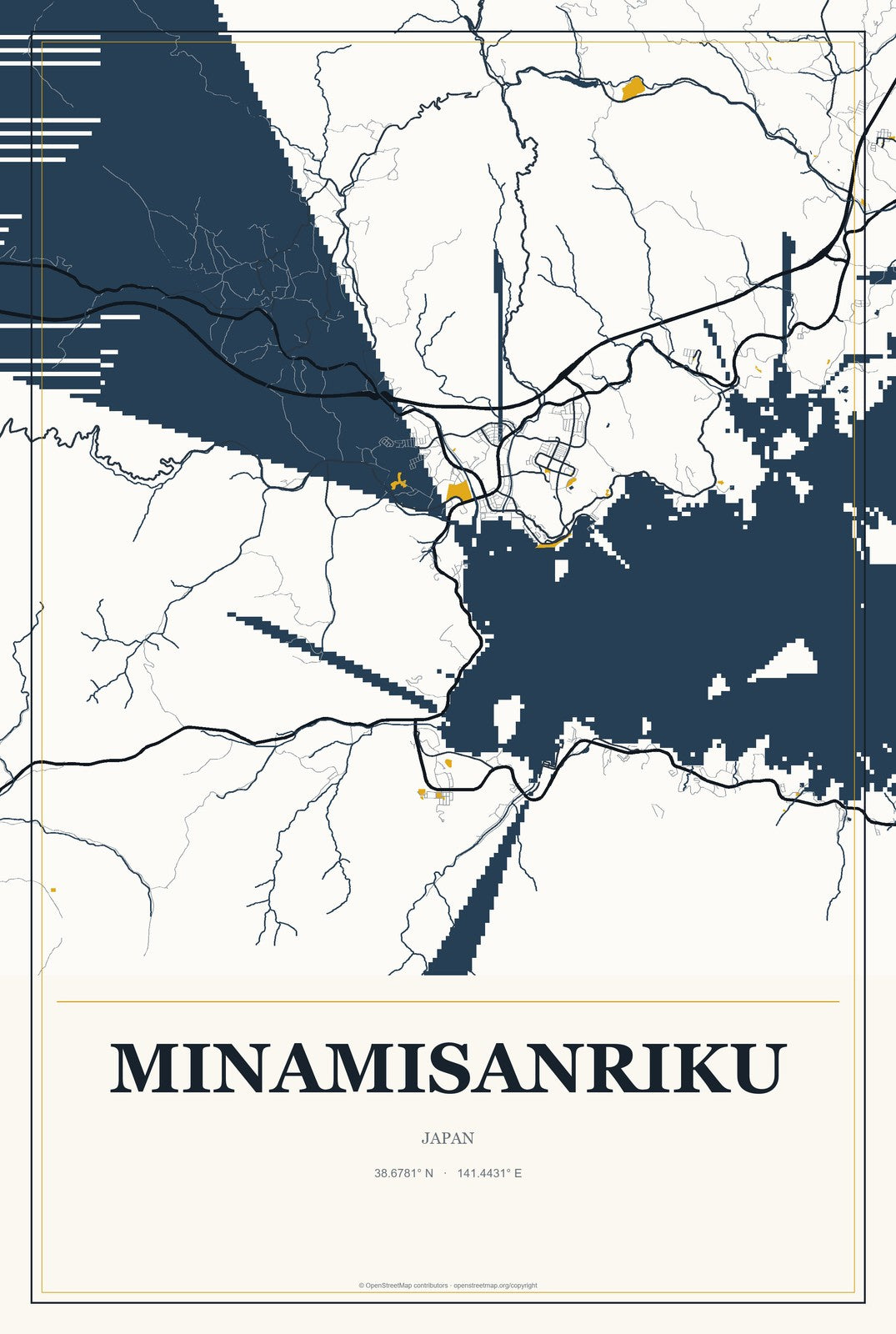 Minamisanriku, Japan City Map Aluminum Sign in Citrine Modern style