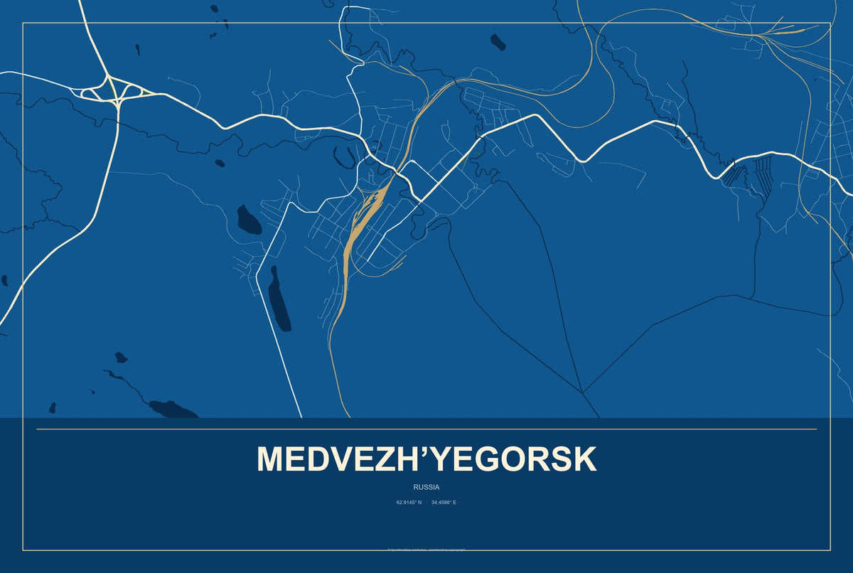 Medvezh’yegorsk, Russia City Map Aluminum Sign in Harbor Cobalt style