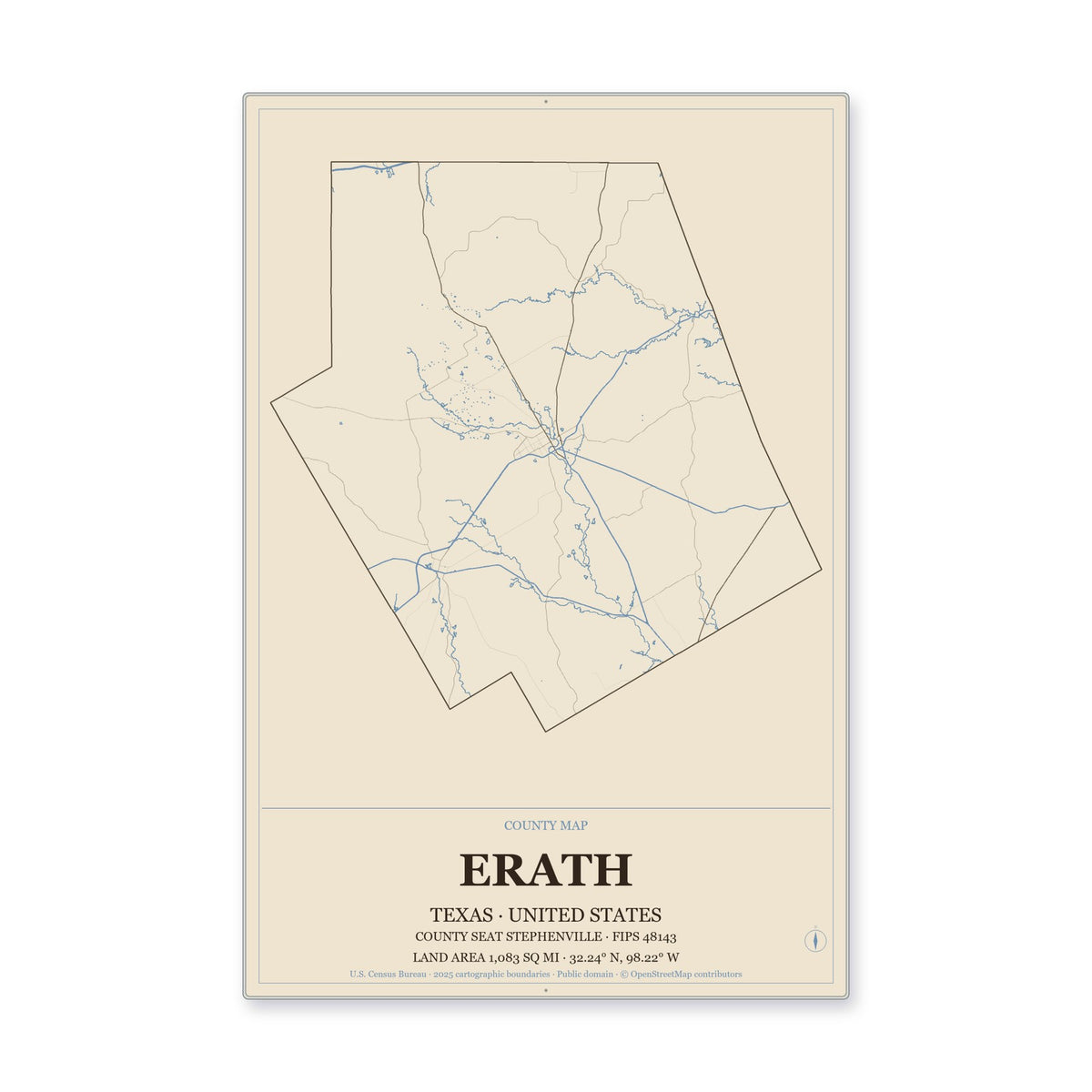 Erath County, Texas Map Aluminum Sign in Heritage Nautical style