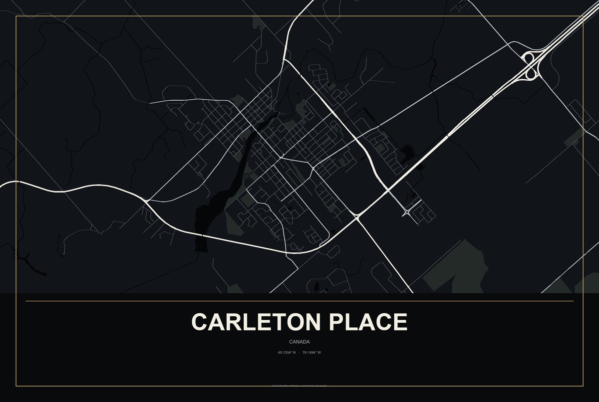 Carleton Place, Canada City Map Aluminum Sign in Metropolitan Noir style