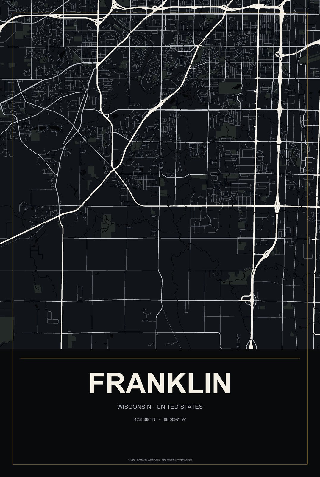 Franklin, Wisconsin City Map Aluminum Sign in Metropolitan Noir style