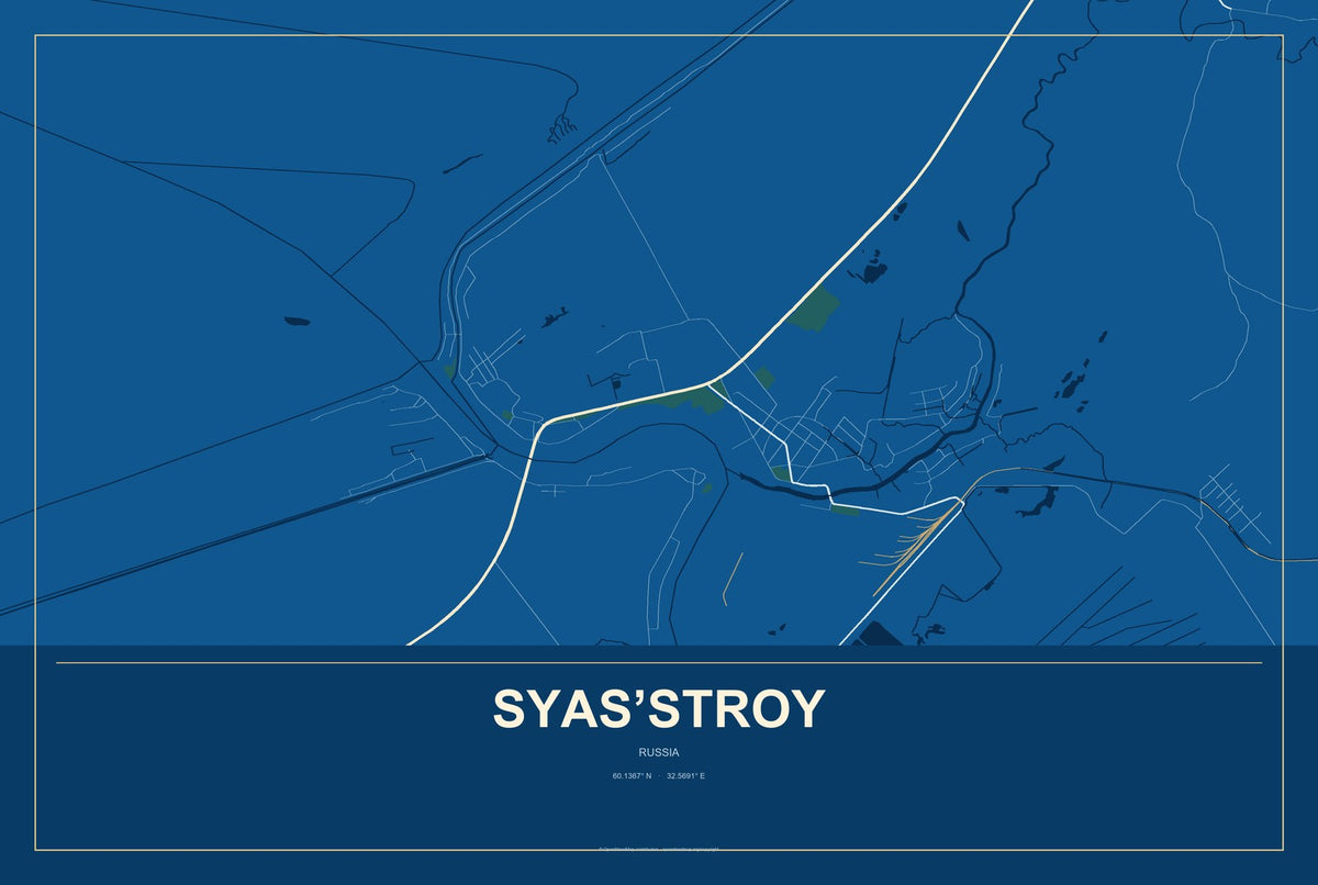 Syas’stroy, Russia City Map Aluminum Sign in Harbor Cobalt style