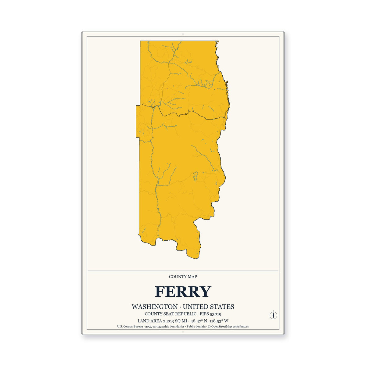 Ferry County, Washington Map Aluminum Sign in Citrine Modern style
