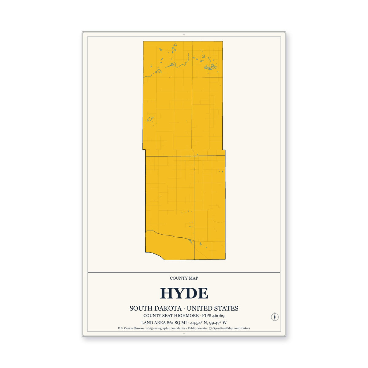 Hyde County, South Dakota Map Aluminum Sign in Citrine Modern style