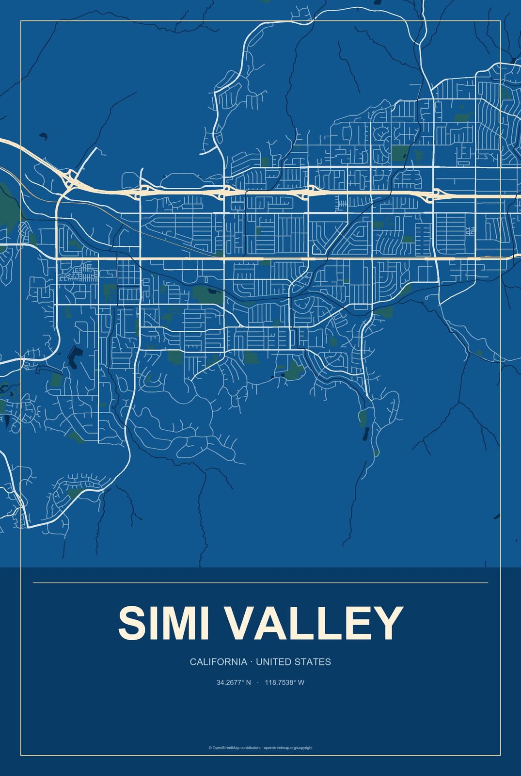 Simi Valley, California City Map Aluminum Sign in Harbor Cobalt style