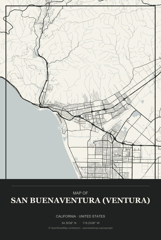 San Buenaventura (Ventura), California City Map Aluminum Sign in Museum Plaque style