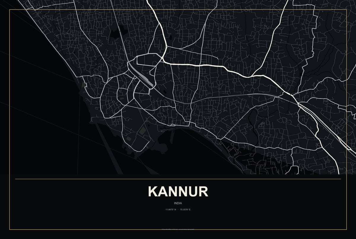 Kannur, India City Map Aluminum Sign in Metropolitan Noir style