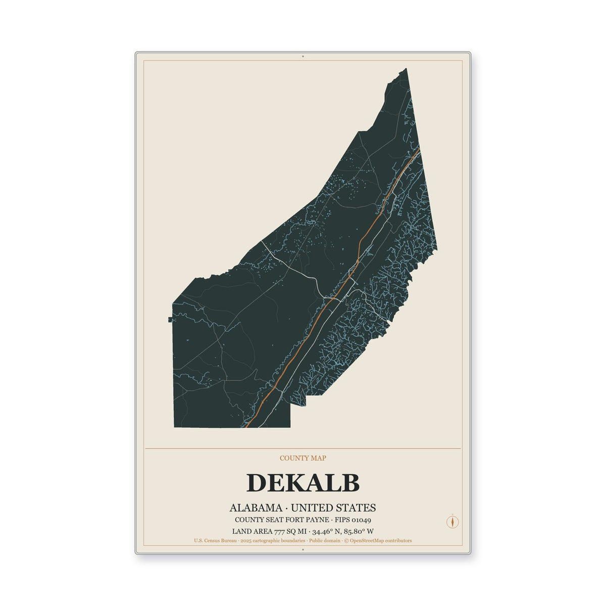 DeKalb County, Alabama Map Aluminum Sign in Headline Atlas style