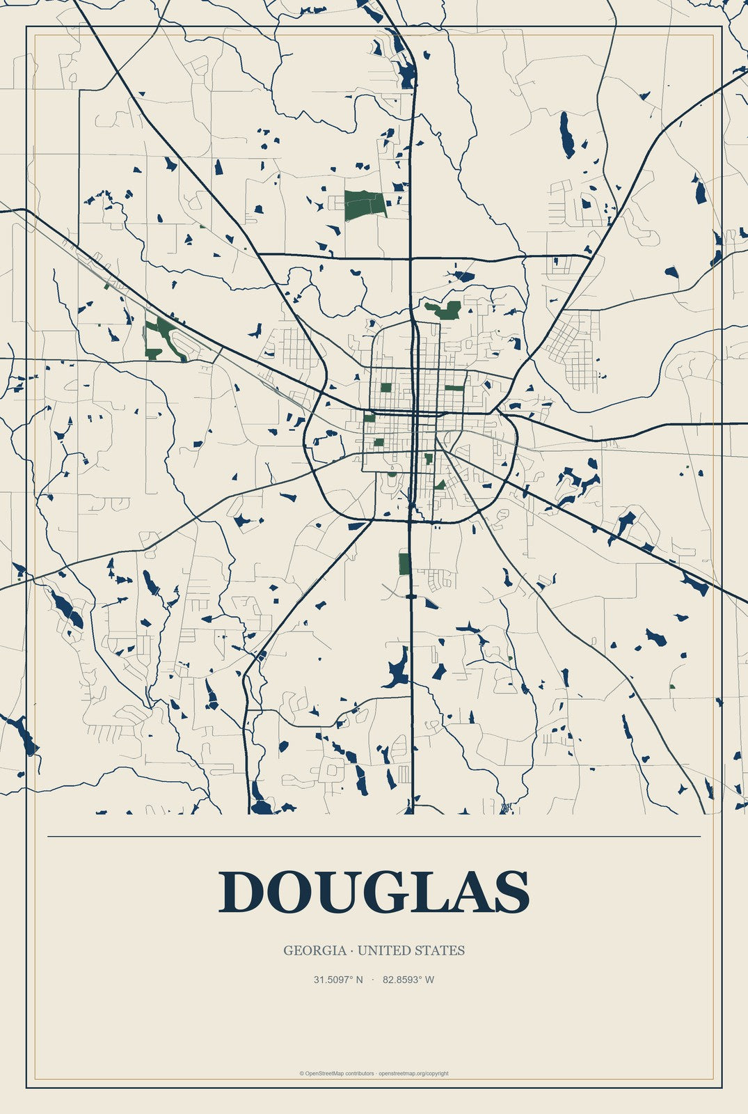 Douglas, Georgia City Map Aluminum Sign in Coastal Cutout style