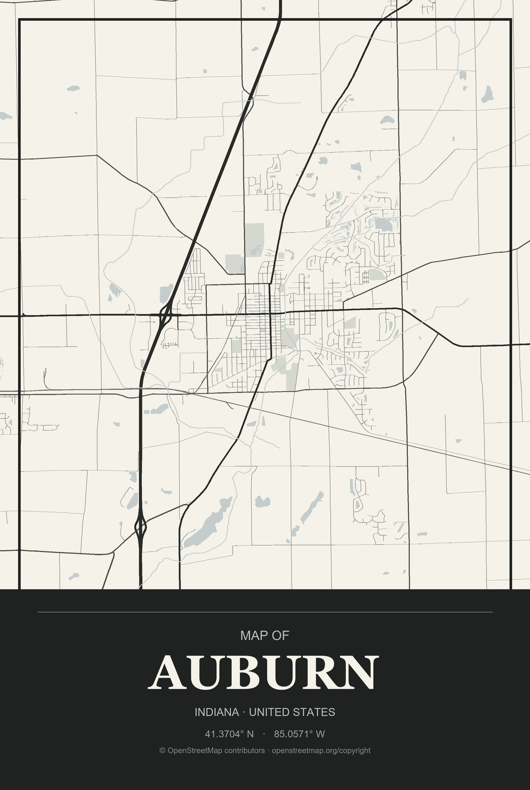Auburn, Indiana City Map Aluminum Sign in Museum Plaque style