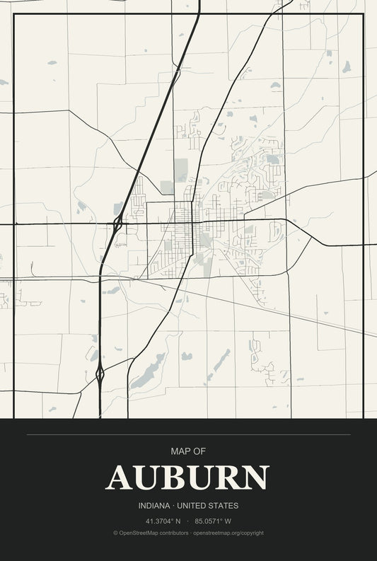 Auburn, Indiana City Map Aluminum Sign in Museum Plaque style
