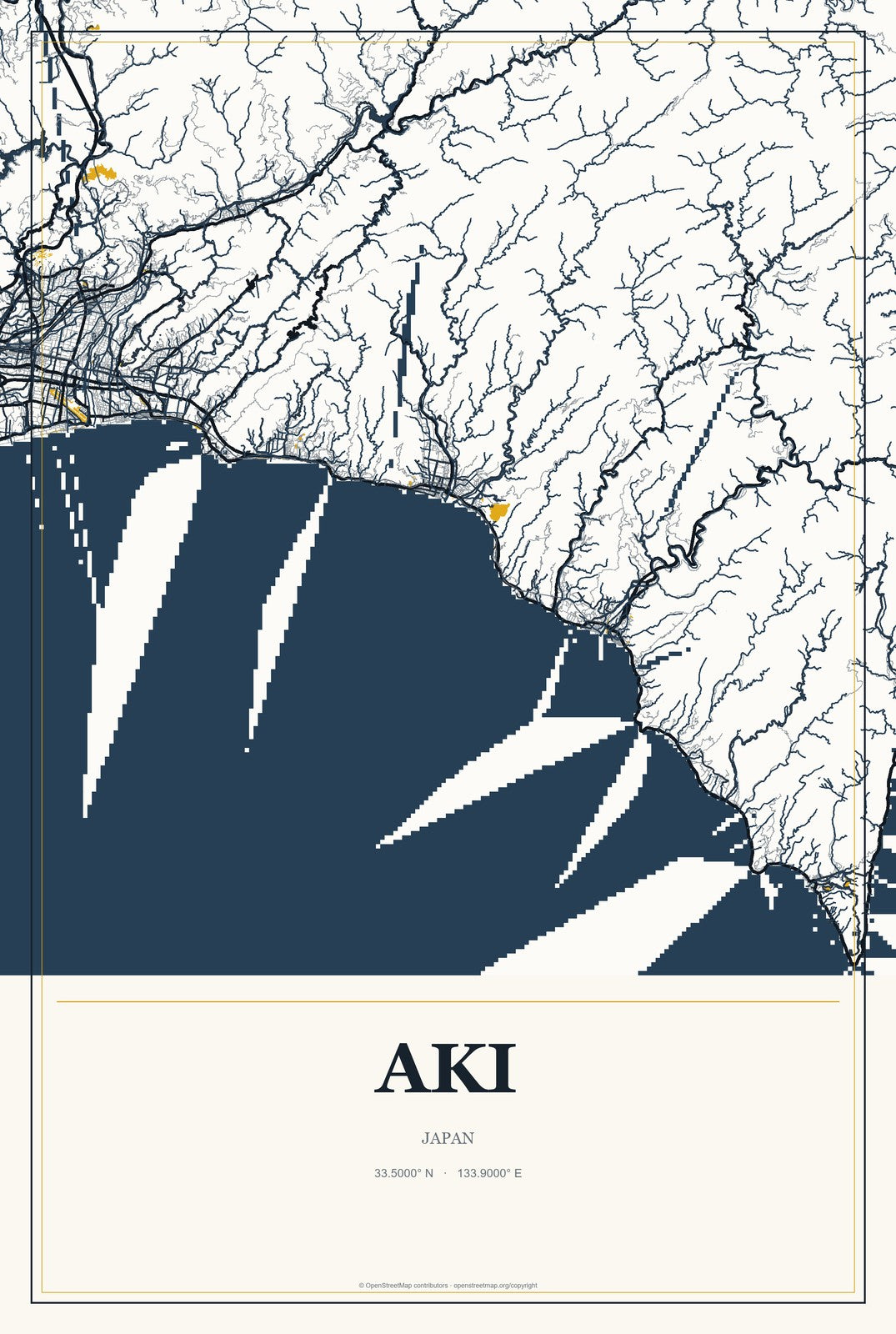 Aki, Japan City Map Aluminum Sign in Citrine Modern style