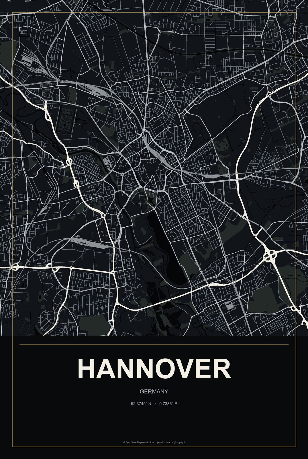 Hannover, Germany City Map Aluminum Sign in Metropolitan Noir style