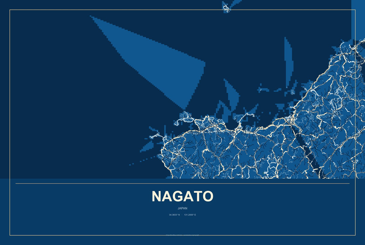 Nagato, Japan City Map Aluminum Sign in Harbor Cobalt style