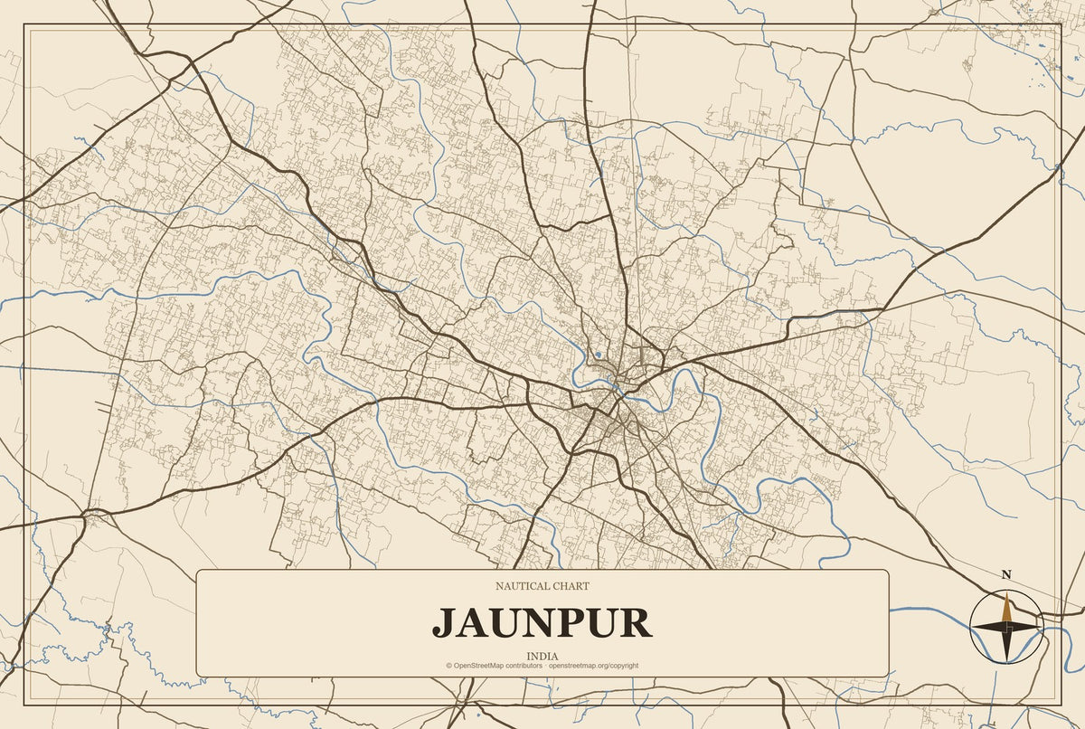 Jaunpur, India City Map Aluminum Sign in Heritage Nautical style