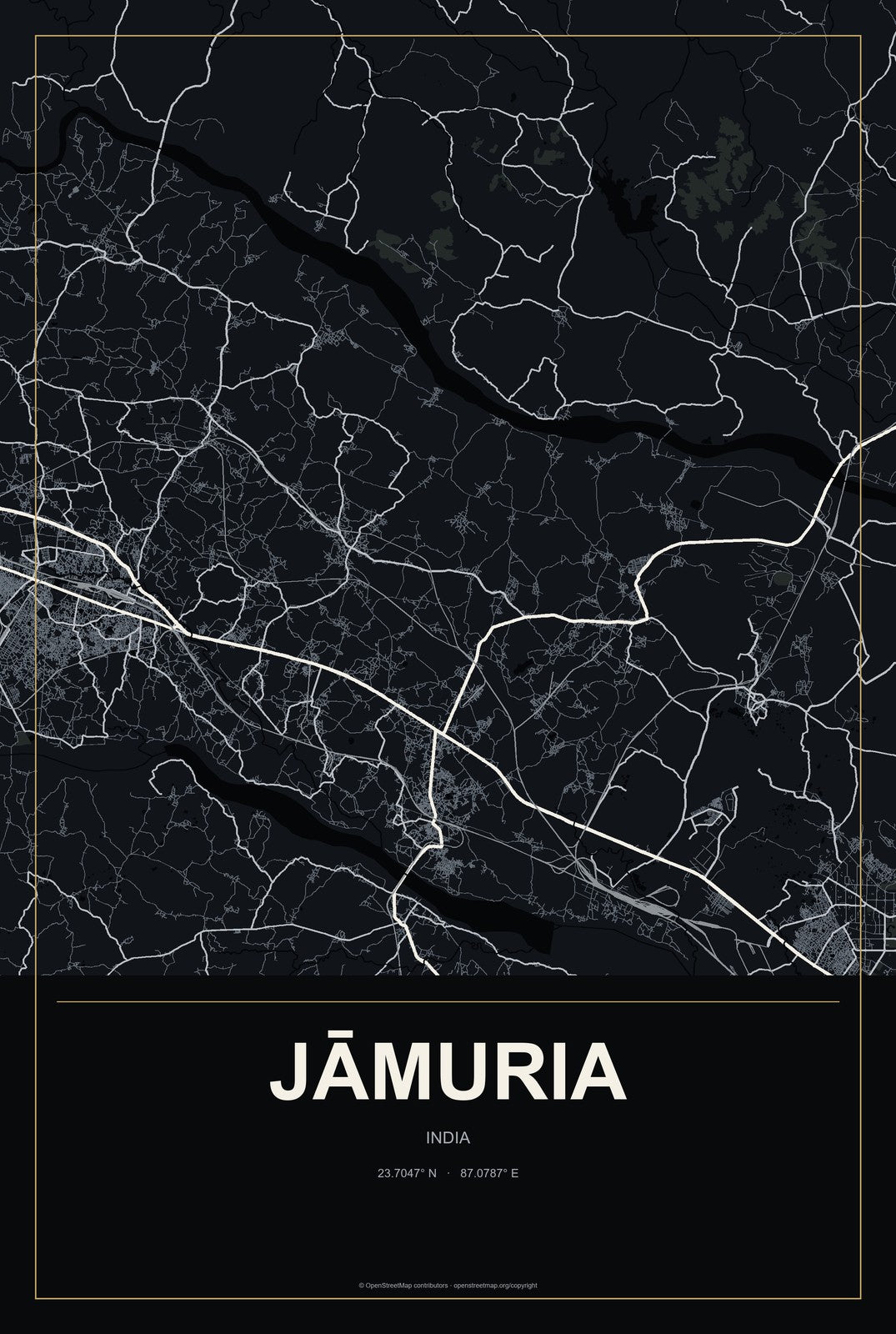 Jāmuria, India City Map Aluminum Sign in Metropolitan Noir style