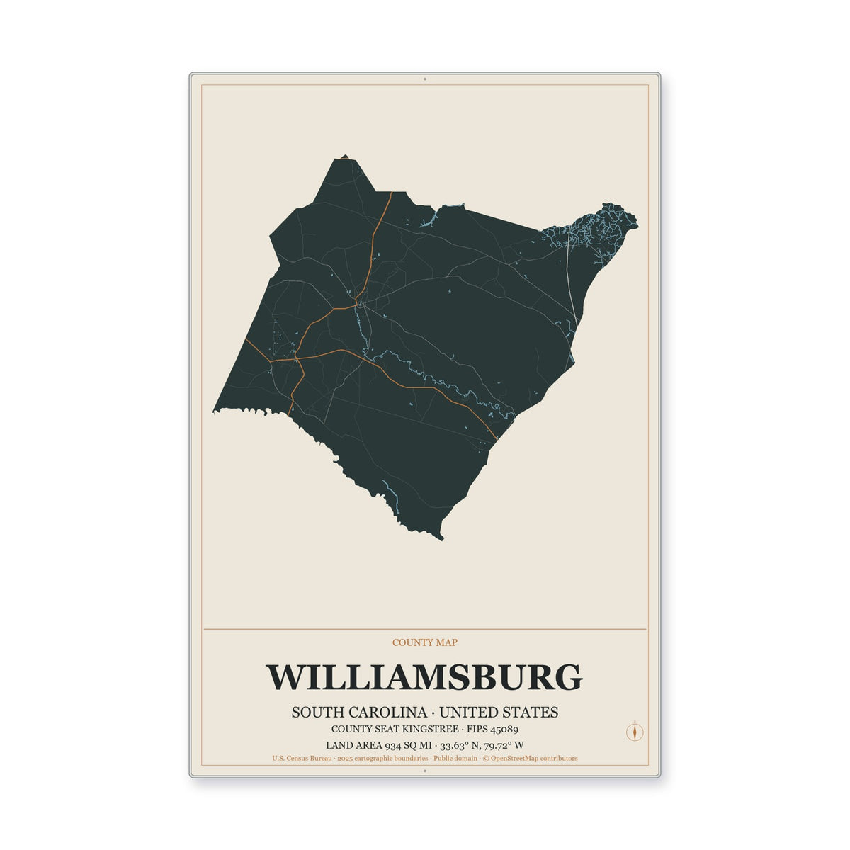 Williamsburg County, South Carolina Map Aluminum Sign in Headline Atlas style