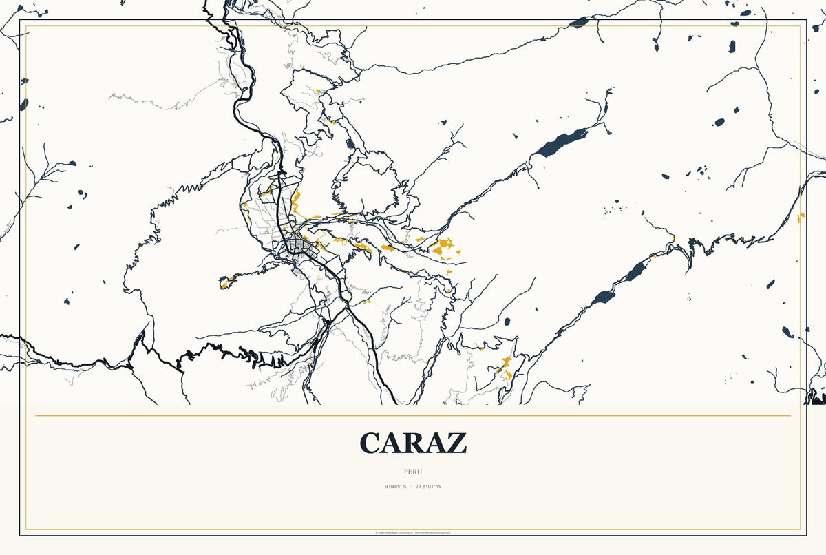 Caraz, Peru City Map Aluminum Sign in Citrine Modern style