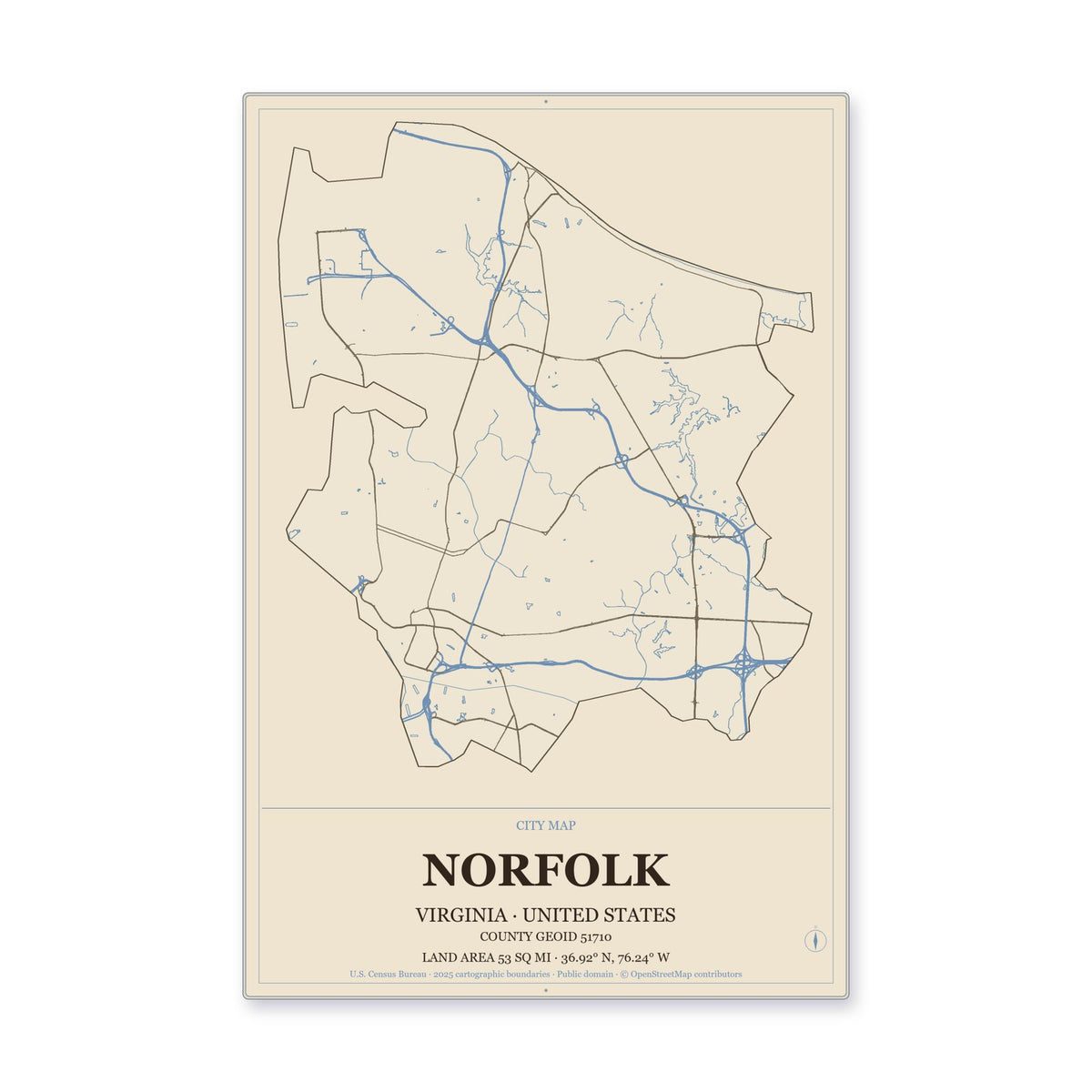 Norfolk city, Virginia Map Aluminum Sign in Heritage Nautical style