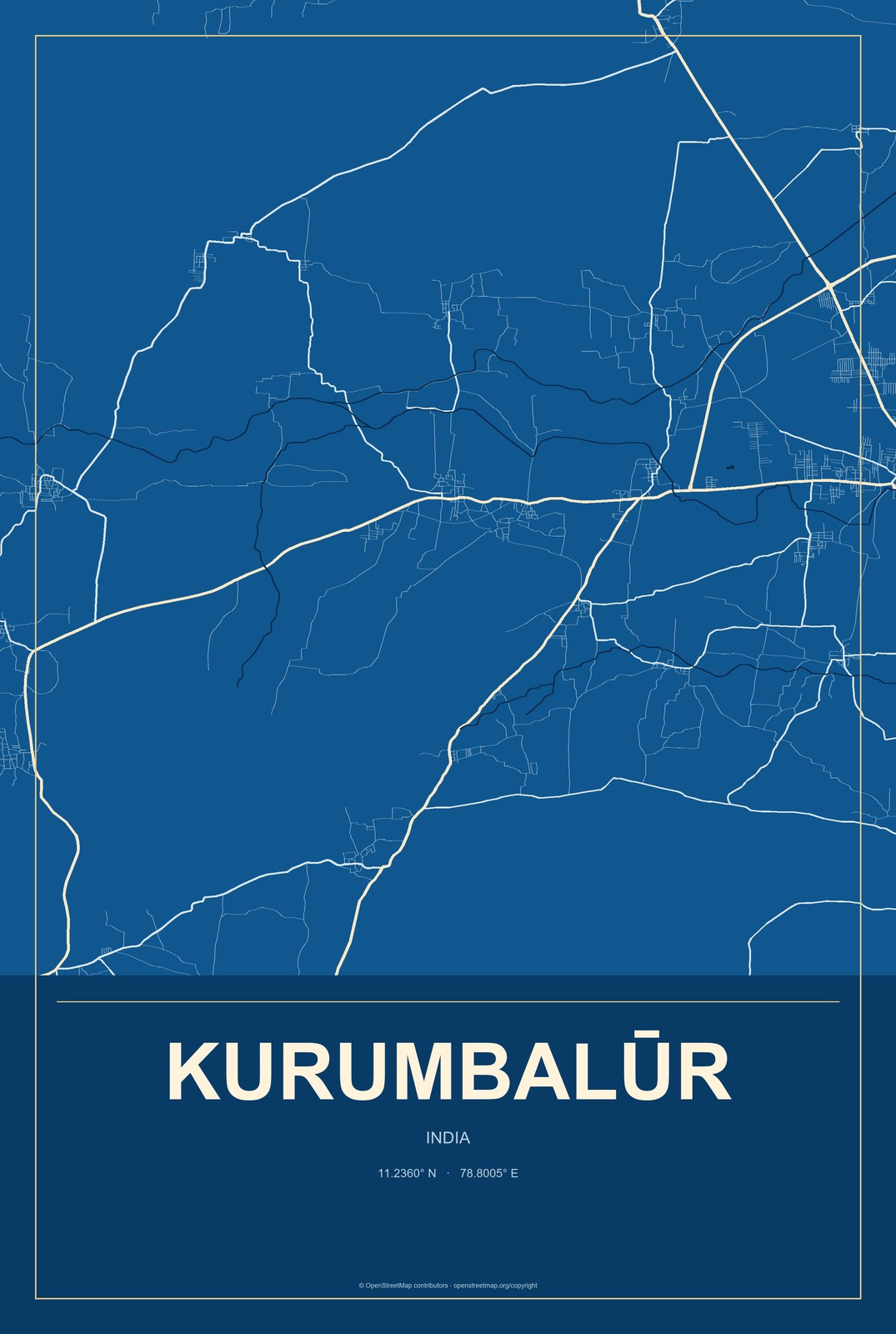Kurumbalūr, India City Map Aluminum Sign in Harbor Cobalt style