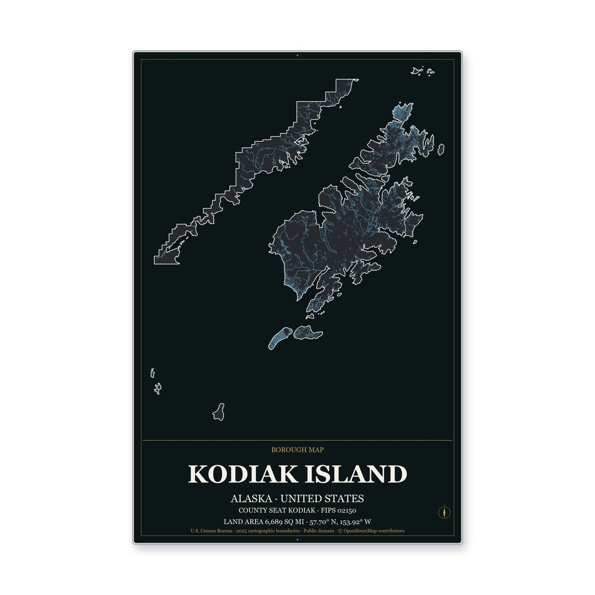 Kodiak Island Borough, Alaska Map Aluminum Sign in Metropolitan Noir style
