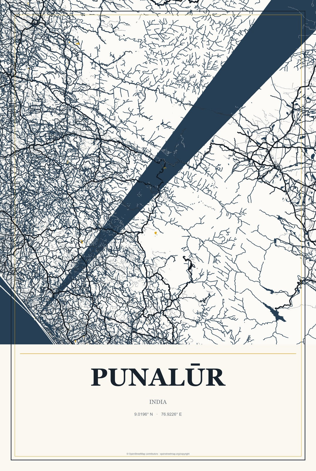 Punalūr, India City Map Aluminum Sign in Citrine Modern style