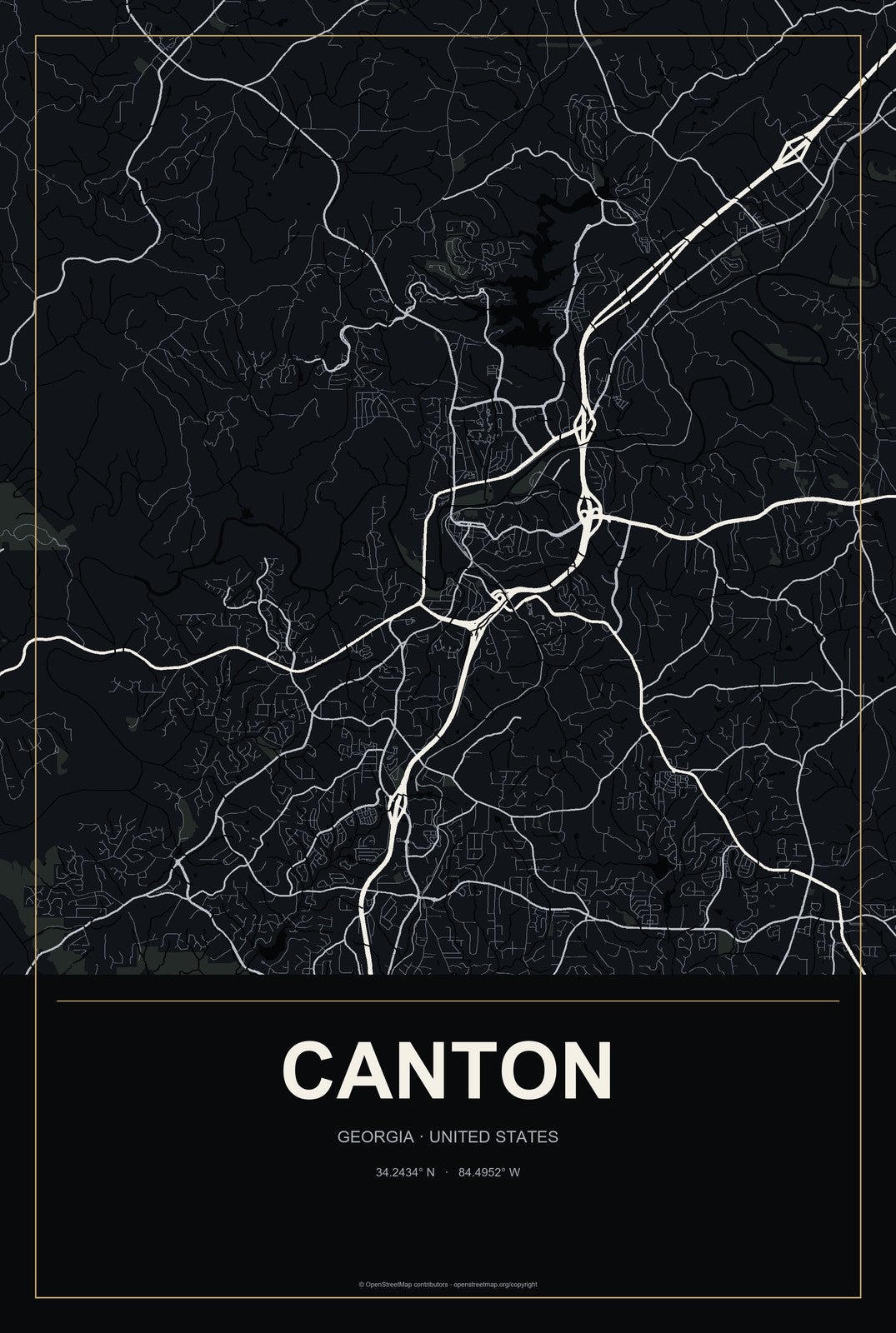 Canton, Georgia City Map Aluminum Sign in Metropolitan Noir style