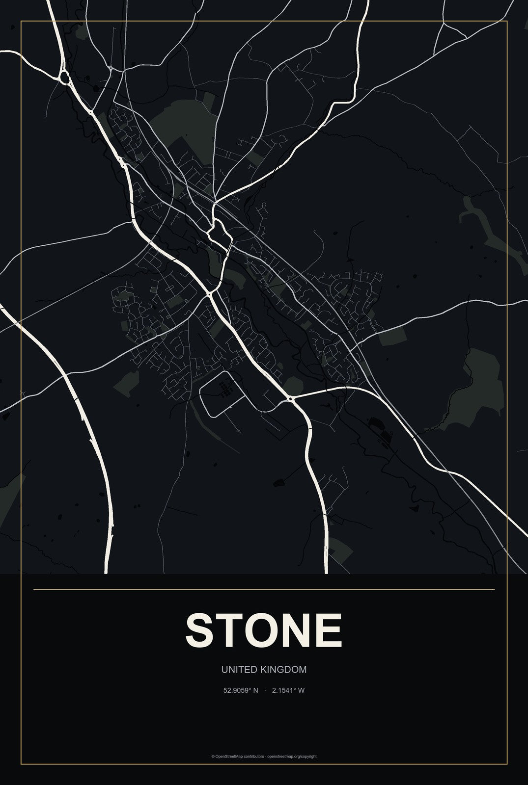 Stone, United Kingdom City Map Aluminum Sign in Metropolitan Noir style