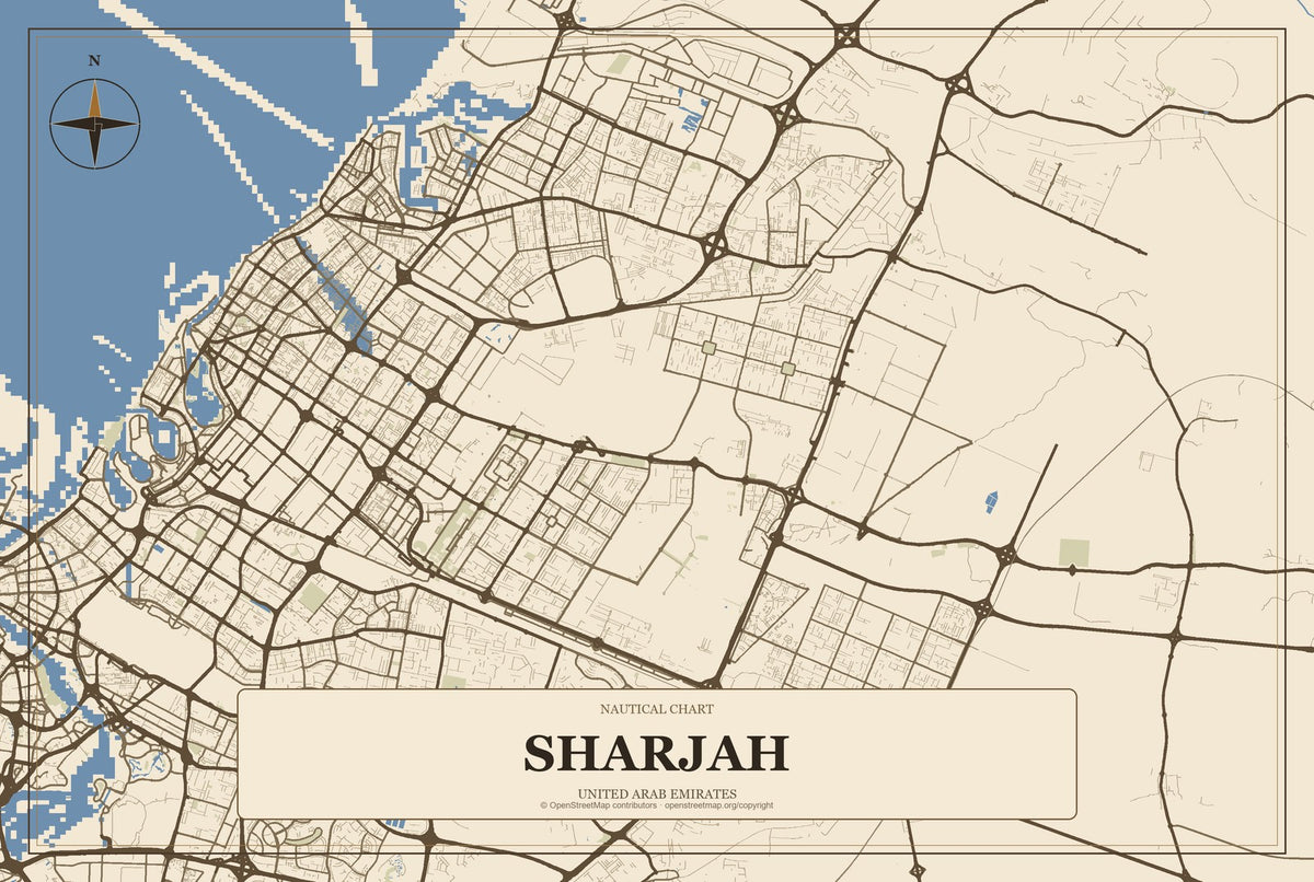 Sharjah, United Arab Emirates City Map Aluminum Sign in Heritage Nautical style