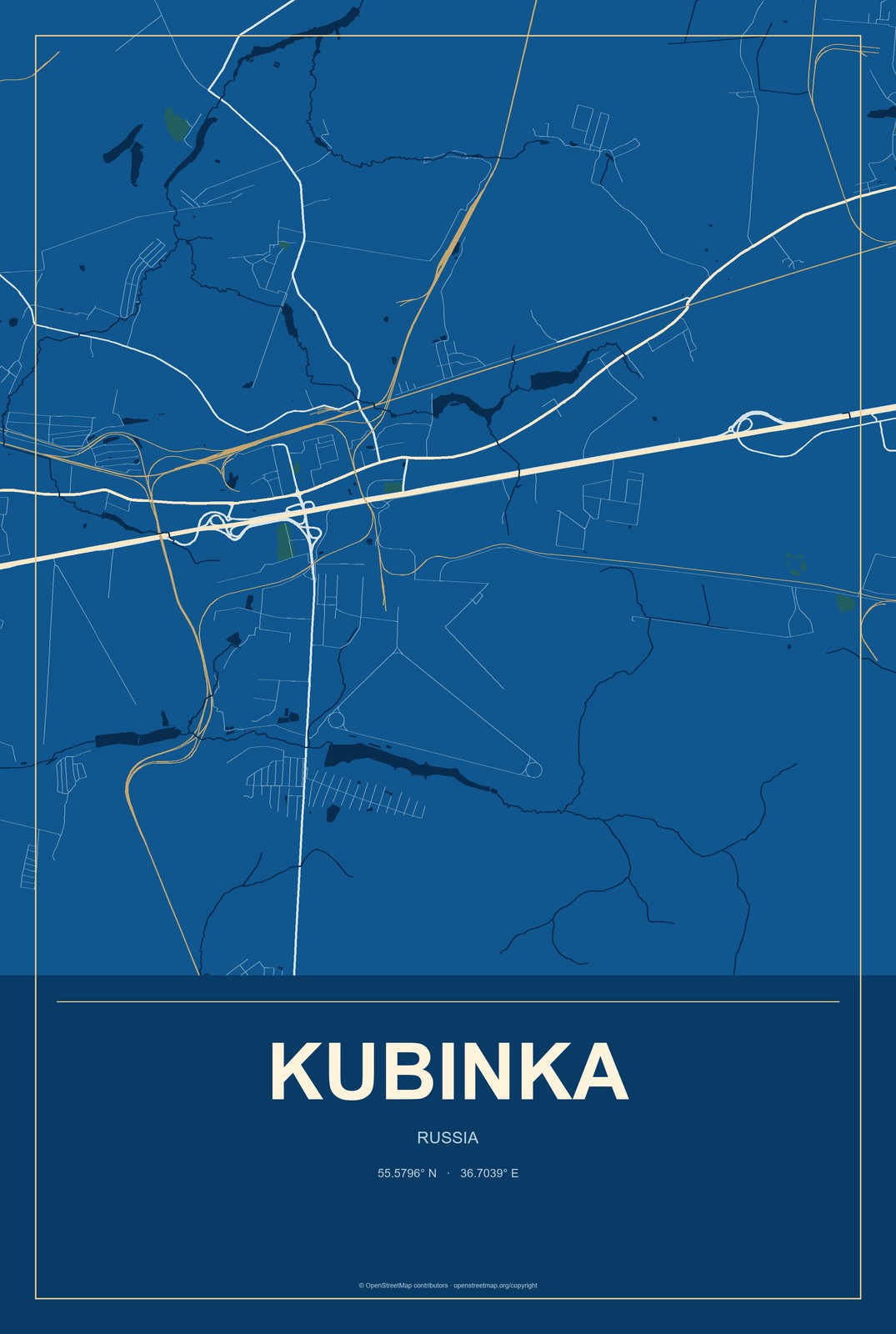 Kubinka, Russia City Map Aluminum Sign in Harbor Cobalt style