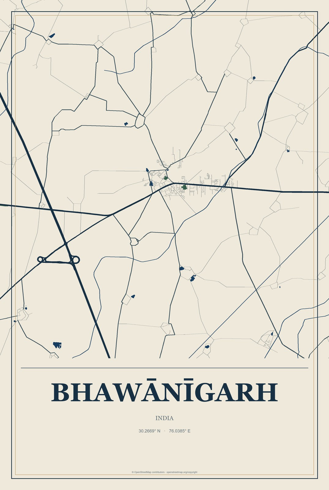 Bhawānīgarh, India City Map Aluminum Sign in Coastal Cutout style