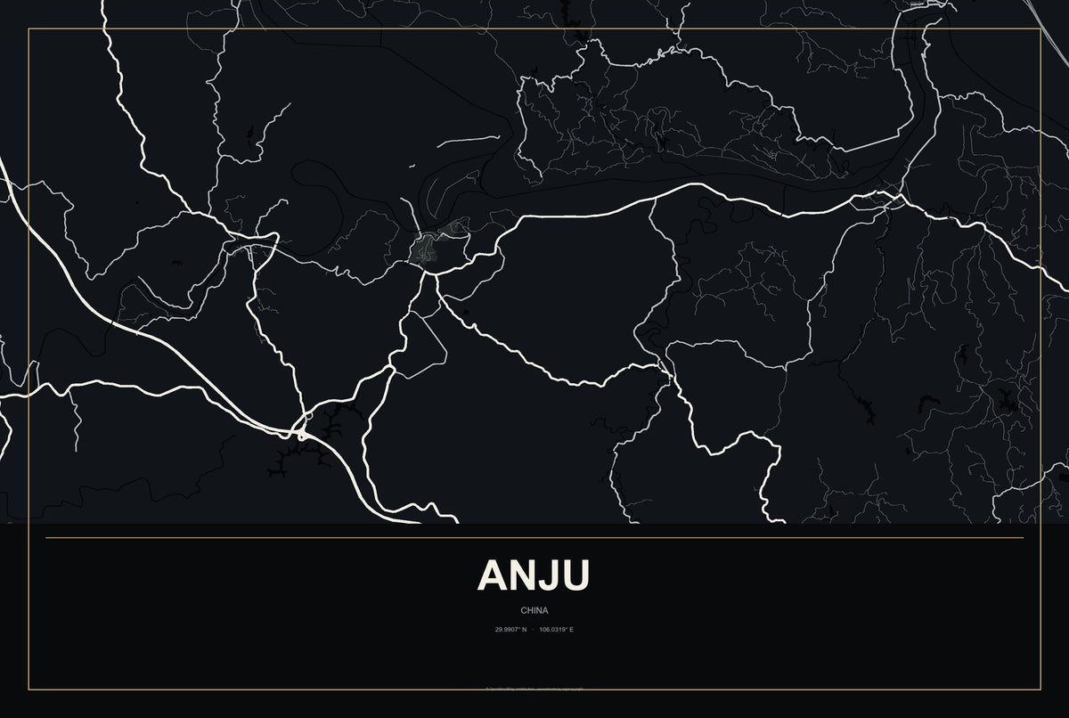 Anju, China City Map Aluminum Sign in Metropolitan Noir style
