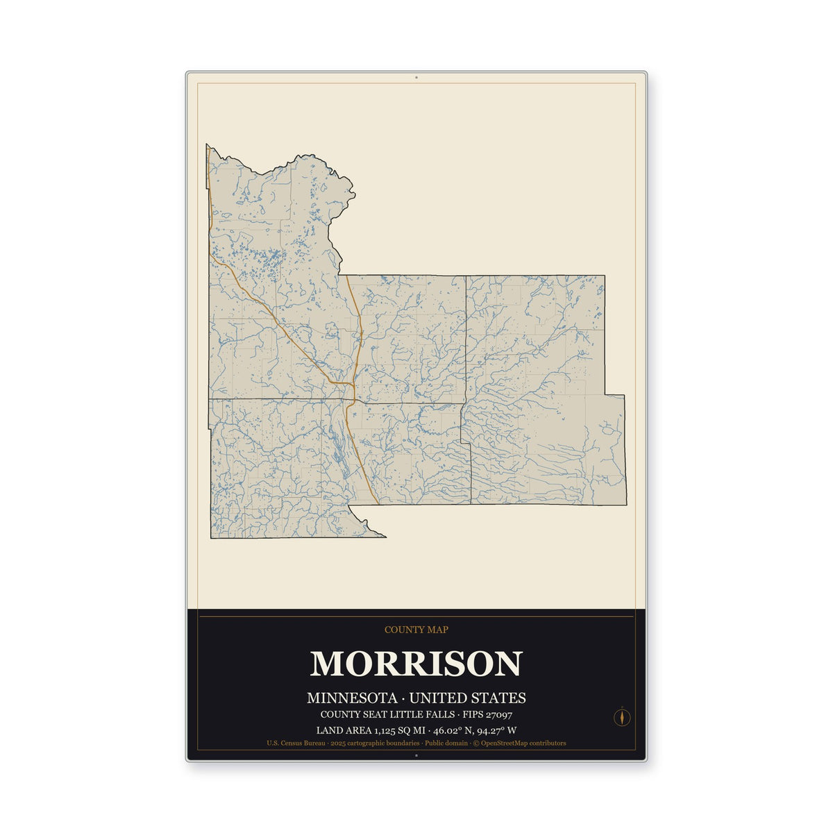 Morrison County, Minnesota Map Aluminum Sign in Museum Plaque style